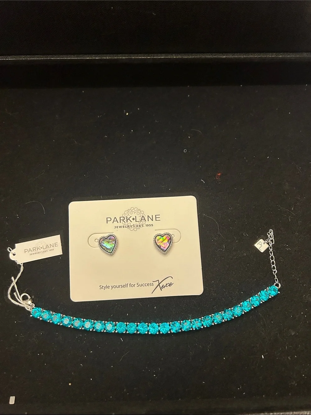 Park Lane Teal Crystal Tennis Bracelet with Iridescent Abalone Heart Earrings
